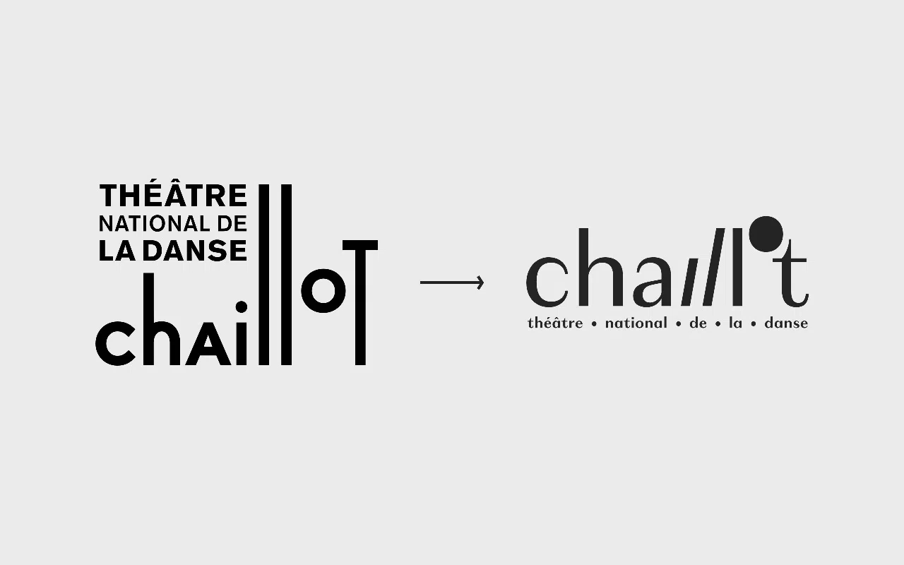 Visuel comparatif entre l’ancien logotype Chaillot – Théâtre national de la Danse, à gauche, et le nouveau, à droite.