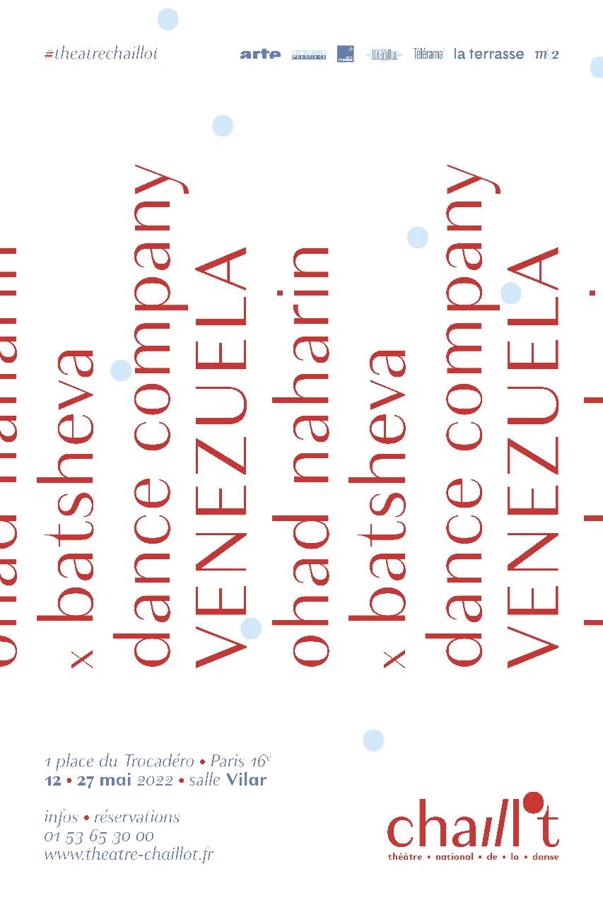 Affiche en couleur au format 400 x 600 mm portrait, présentant le spectacle Venezuela de Batsheva Dance Company & Ohad Naharin.