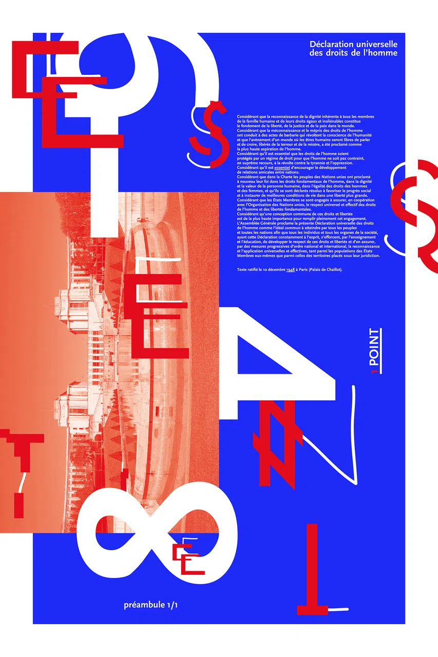 Affiche consacrée au préambule de la Déclaration universelle des droits de l’homme, valorisant le mot « essentiel ».