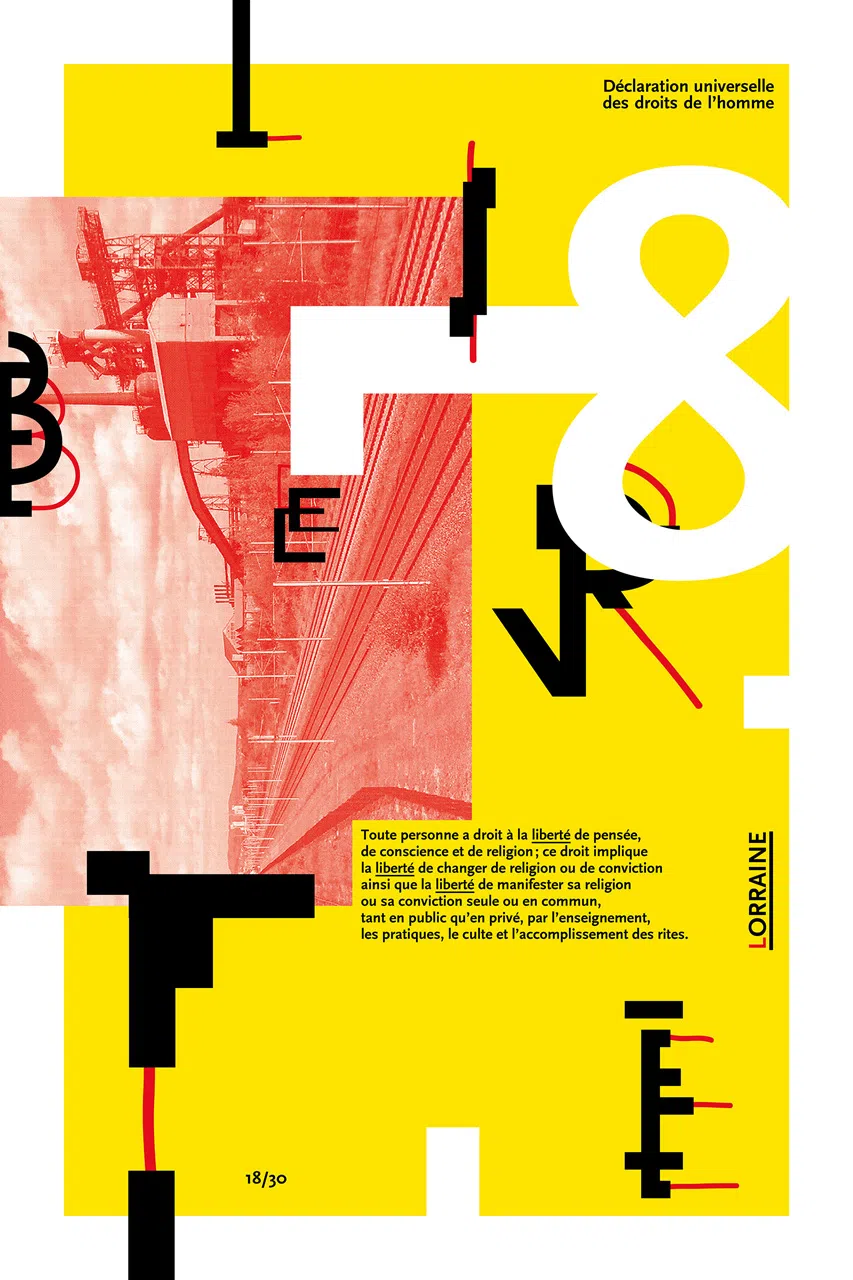 Affiche consacrée à l’article 18 de la DUDH, associé à la région Lorraine et valorisant le mot « liberté ».