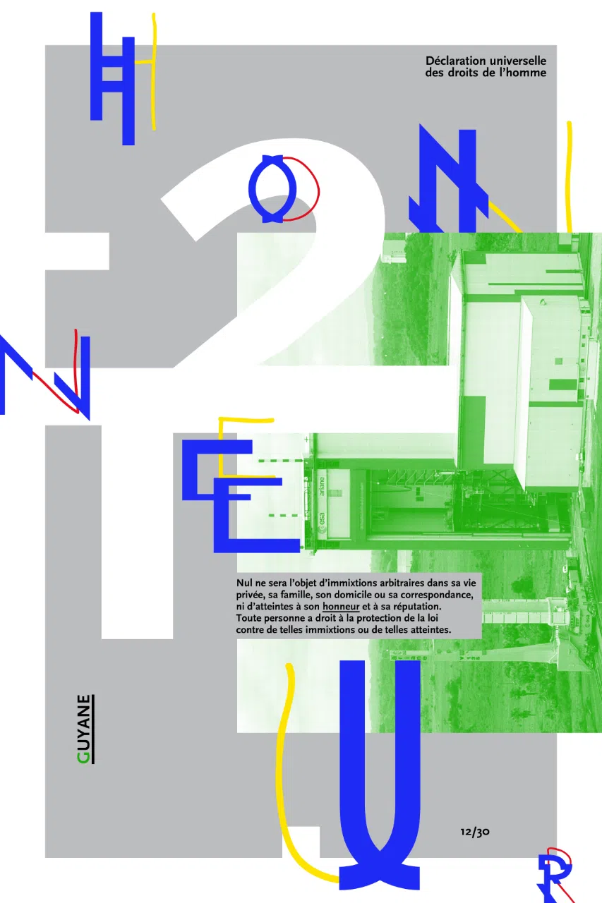 Affiche consacrée à l’article 12 de la DUDH, associé à la région Guyane et valorisant le mot « honneur ».
