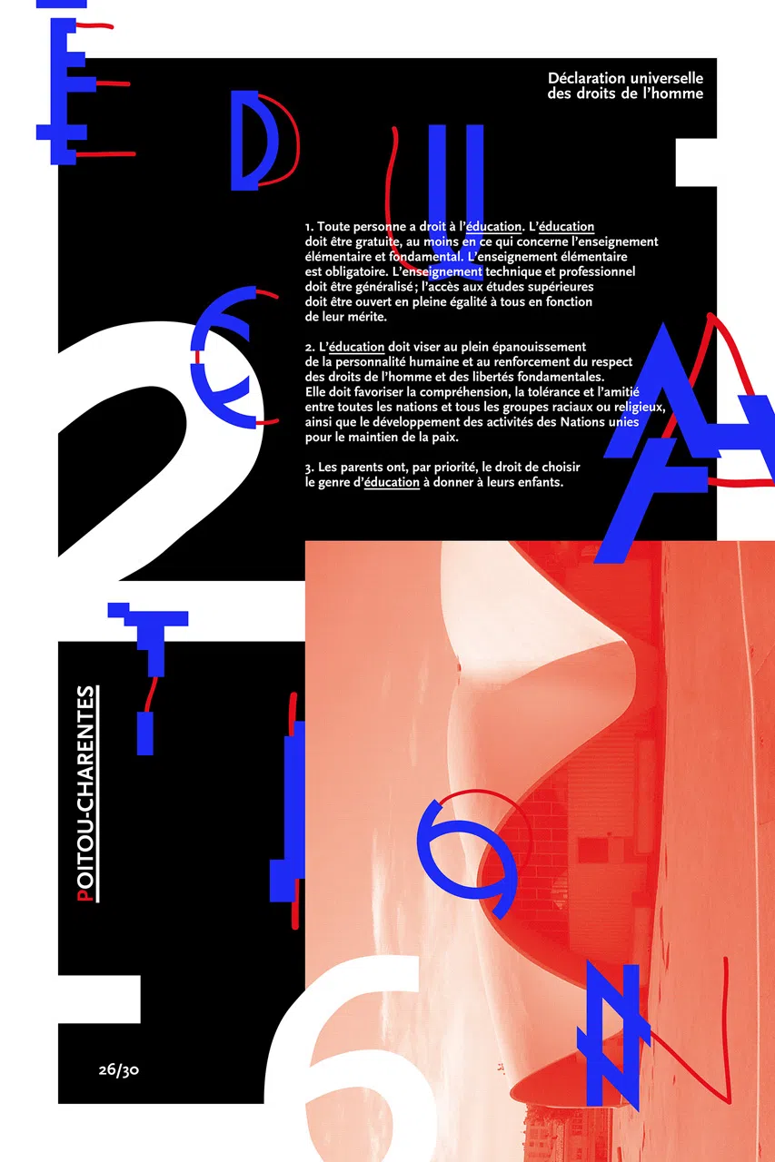 Affiche consacrée à l’article 26 de la DUDH, associé à la région Poitou-Charentes et valorisant le mot « éducation ».
