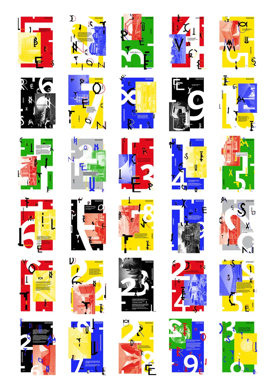 Vue d’ensemble des trente affiches consacrées aux trente articles de la Déclaration universelle des droits de l’homme.