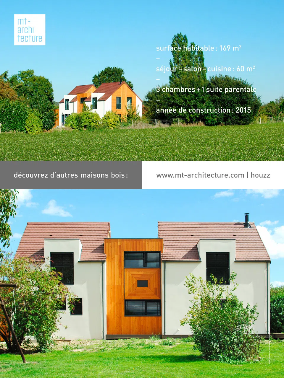 Affiche au format 600 x 800 mm portrait, présentant une maison en bois de 169 m2 créée par l’atelier MT-Architecture.