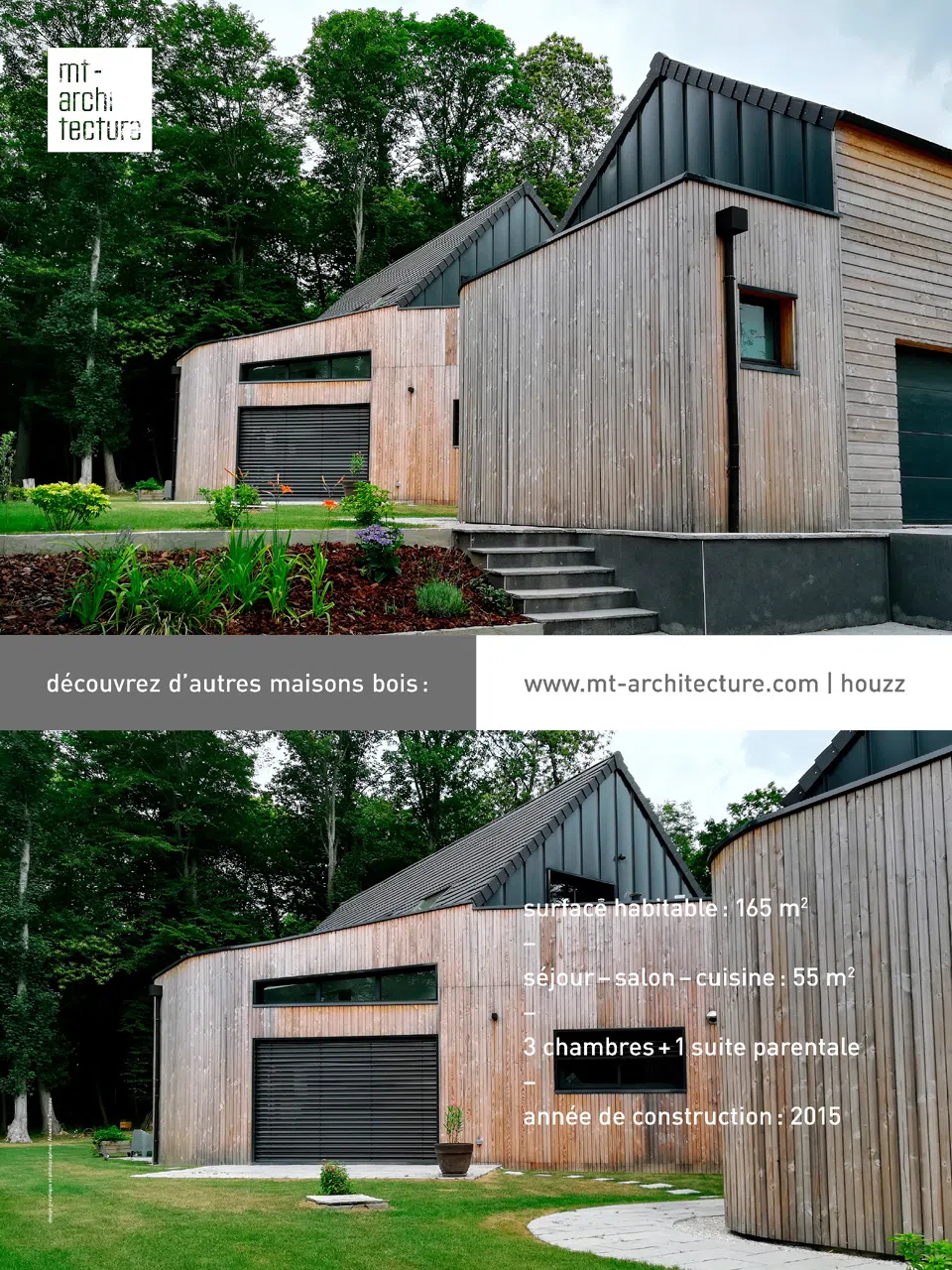Affiche au format 600 x 800 mm portrait, présentant une maison en bois de 165 m2 créée par l’atelier MT-Architecture.