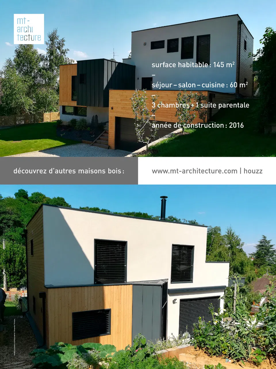 Affiche au format 600 x 800 mm portrait, présentant une maison en bois de 145 m2 créée par l’atelier MT-Architecture.