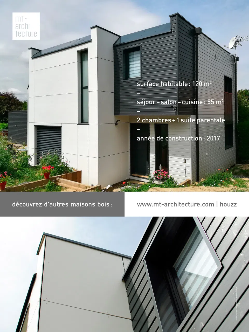 Affiche au format 600 x 800 mm portrait, présentant une maison en bois de 120 m2 créée par l’atelier MT-Architecture.