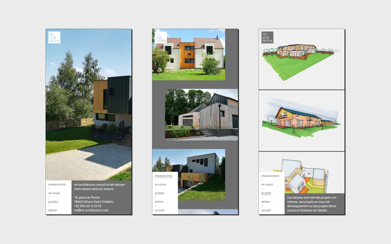 Présentation de trois captures d’écran du site MT-Architecture – version smartphone mode portrait – démontrant sa flexibilité.