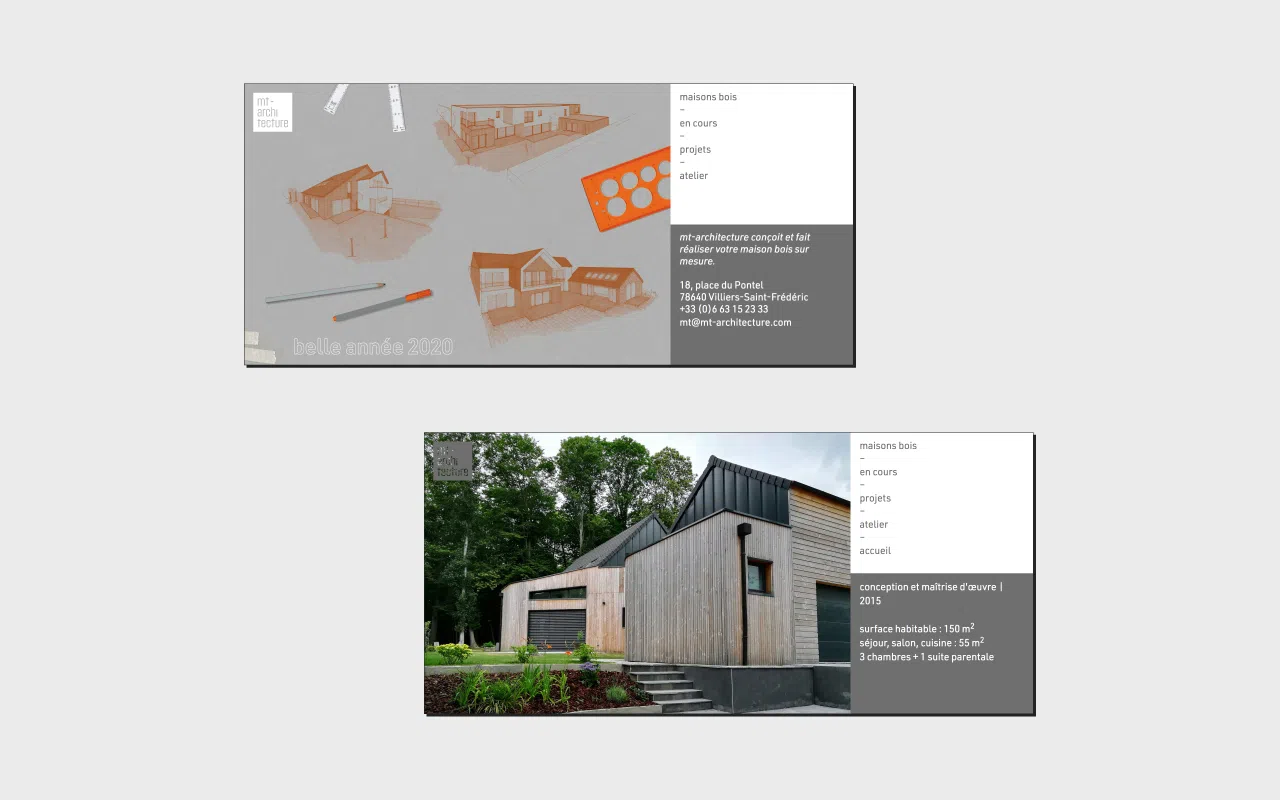 Présentation de deux captures d’écran du site MT-Architecture – version smartphone mode paysage – démontrant sa flexibilité.