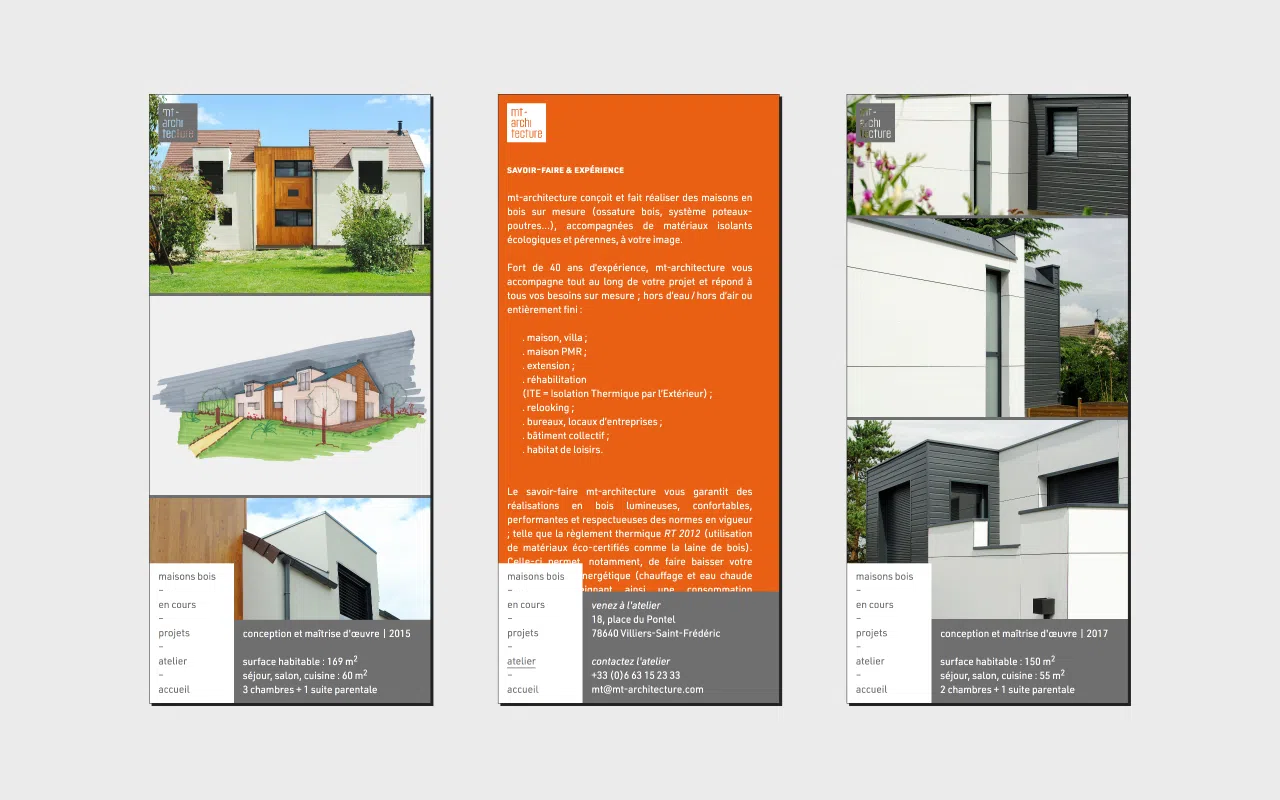 Présentation de trois captures d’écran du site MT-Architecture – version smartphone mode portrait – démontrant sa flexibilité.