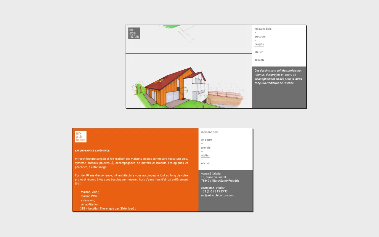 Présentation de deux captures d’écran du site MT-Architecture – version smartphone mode paysage – démontrant sa flexibilité.