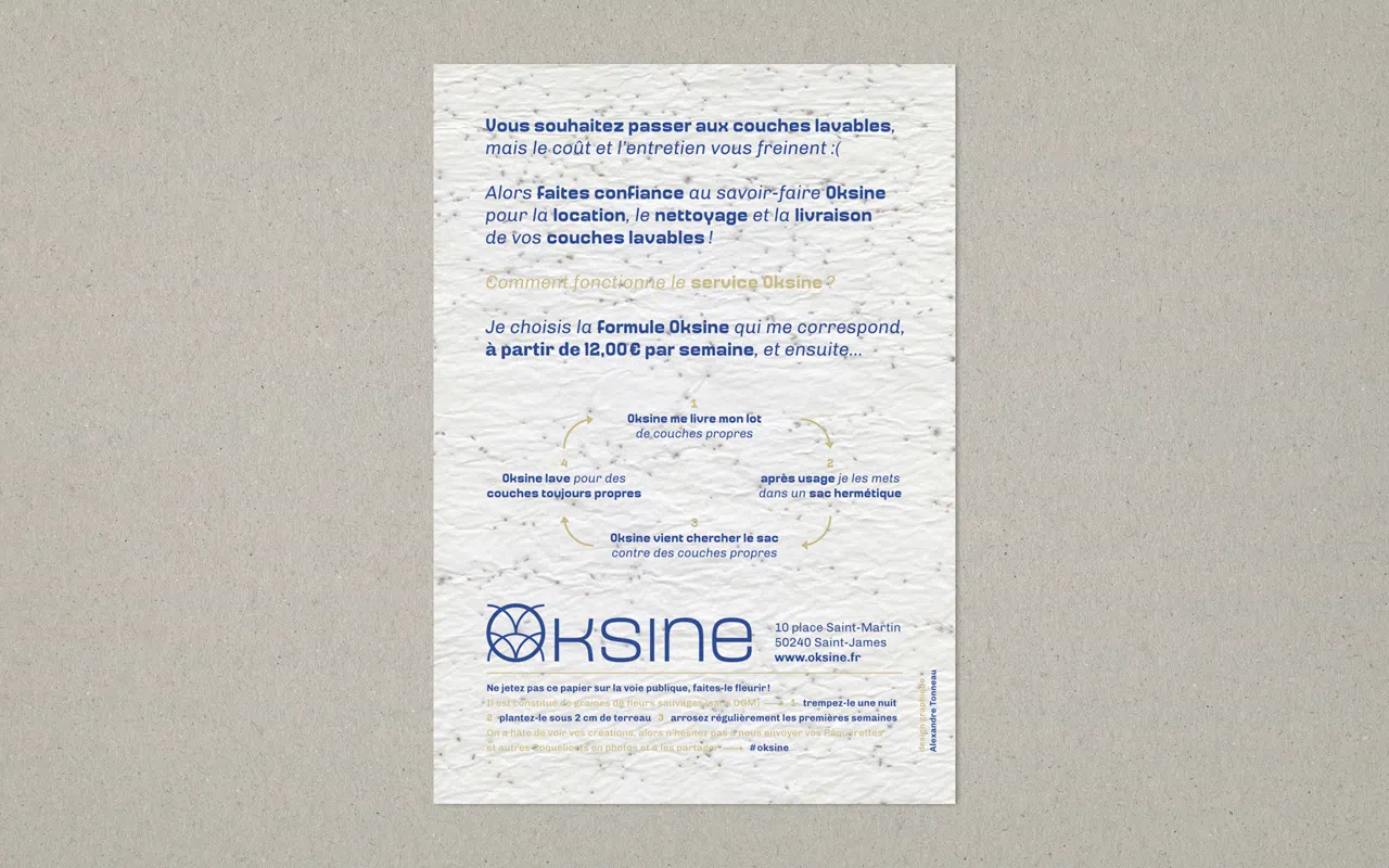 Flyer au format A5 portrait imprimé sur papier ensemencé, dont le contenu présente l’entreprise Oksine et son service.