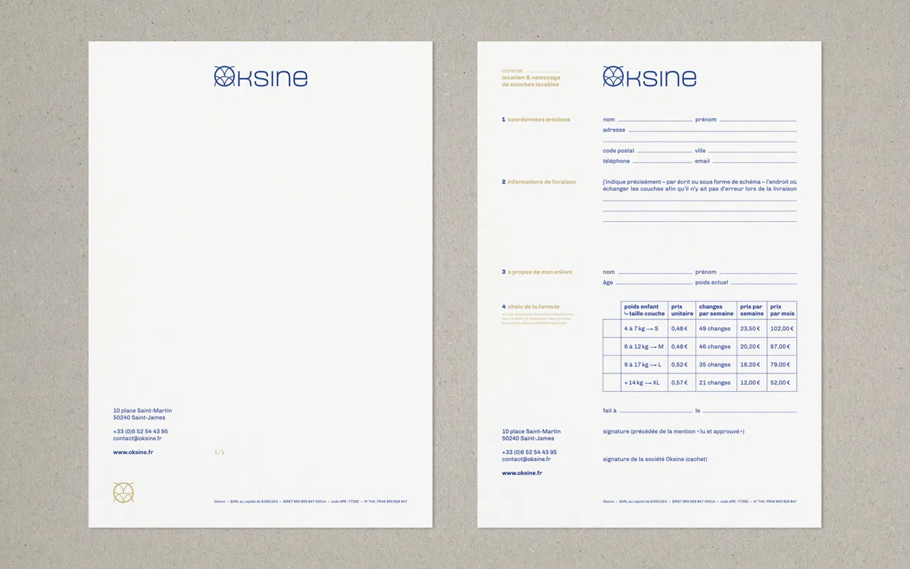 Documents A4 constituant la papeterie Oksine, avec à gauche le papier entête et à droite sa déclinaison pour le contrat type.