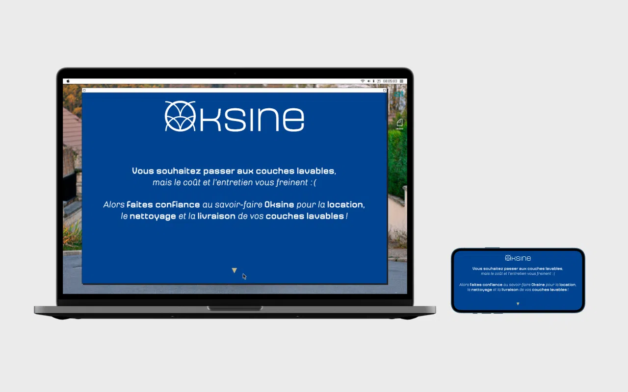 Écran d’ordinateur et écran de smartphone en mode paysage, affichant la page d’accueil du site web www.oksine.fr