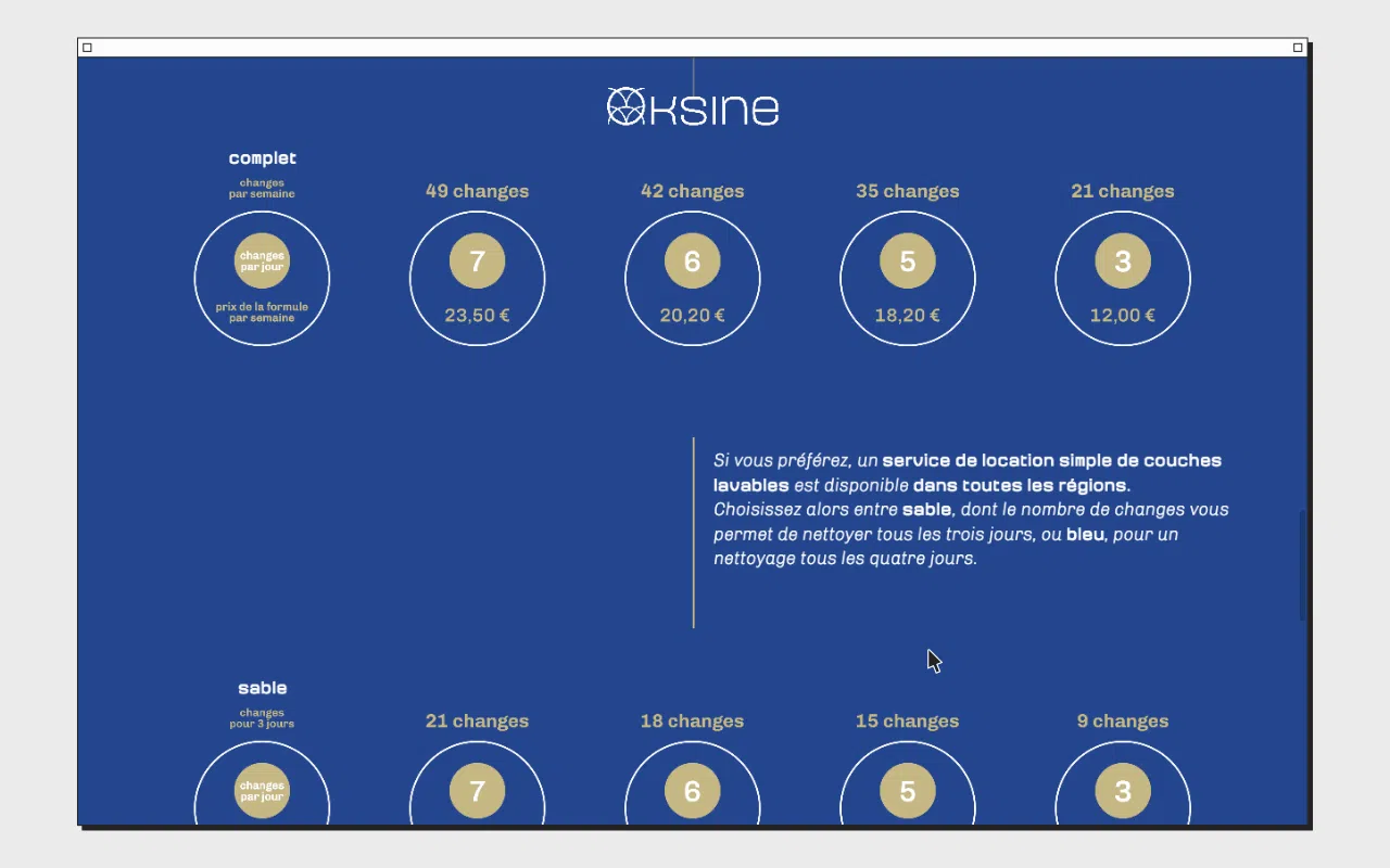 Capture d’écran du site web www.oksine.fr – version desktop – montrant la présentation de la grille tarifaire.